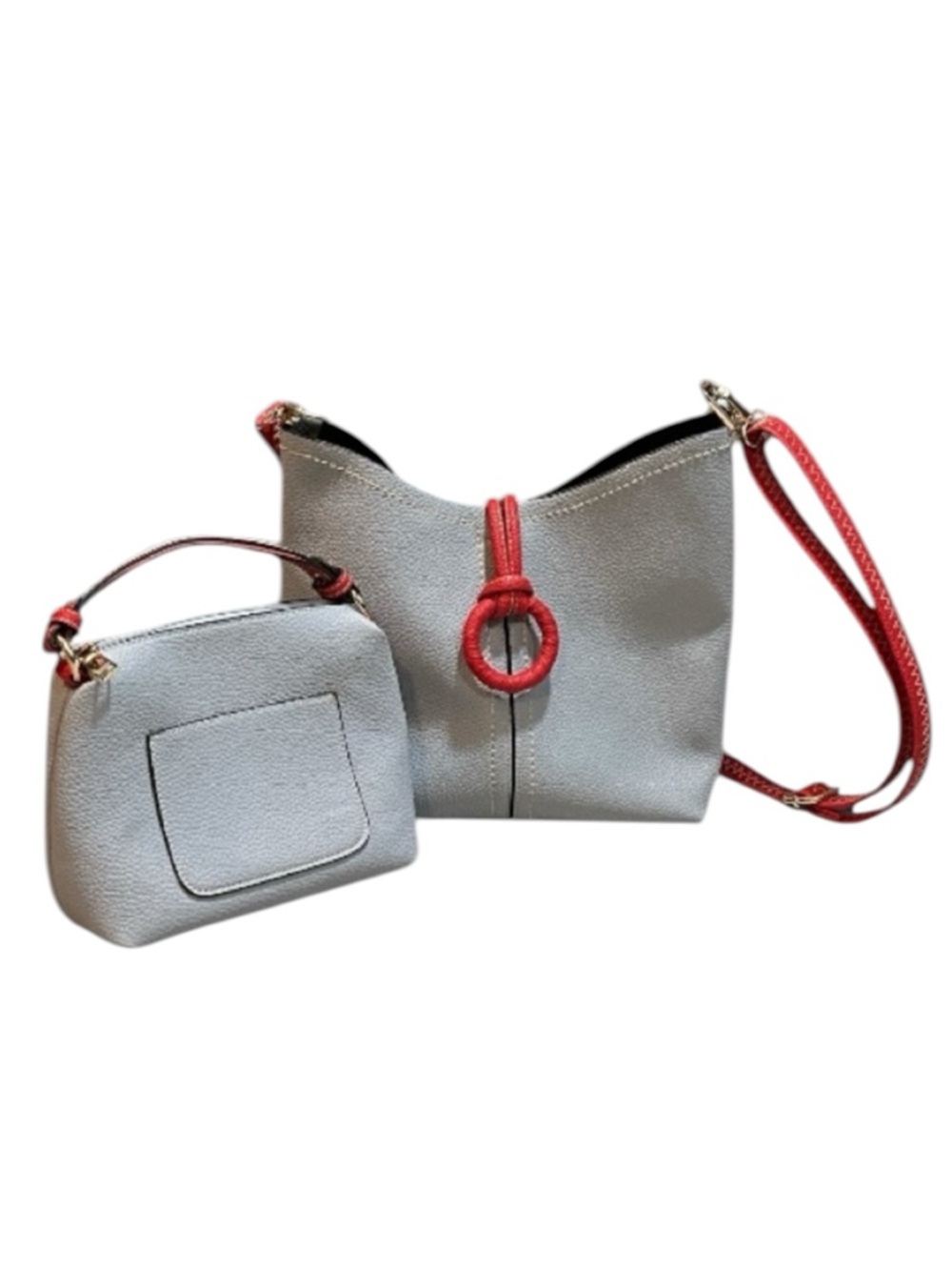2 IN ONE BAG PEBBLED VEGAN LEATHER HOBO BAG AND MATCHING POUCH TWO TONE GRAY RED